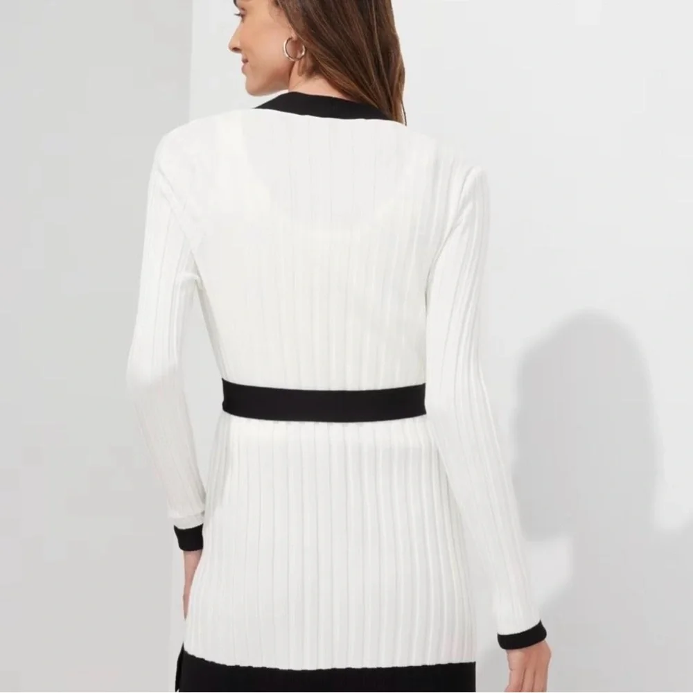 WHBM Ribbed Ivory Black Rayon Nylon Long Optional Belted Cardigan Sweater XL - Picture 3 of 10
